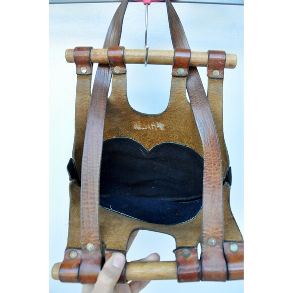 70s 2 Tones Brown & Black Leather Shoulder Bag Original Boho Gypsy Woodstock - Picture 8 of 10